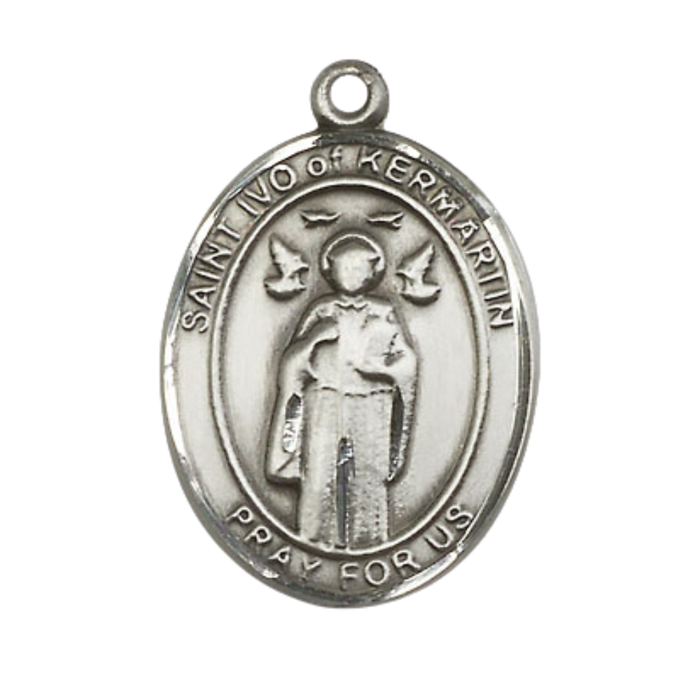 Oval .925 Sterling Silver Saint St. Ivo Medal Pendant on 24 inch Rhodium Plated Heavy Curb Brass Chain with Lobster Claw clasp, Catholic Religious Necklace - Made in USA- Deluxe Velvet Gift Box