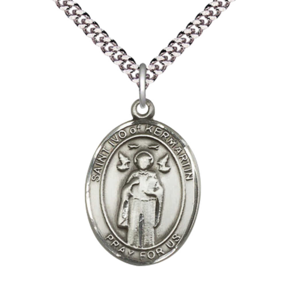 Oval .925 Sterling Silver Saint St. Ivo Medal Pendant on 24 inch Rhodium Plated Heavy Curb Brass Chain with Lobster Claw clasp, Catholic Religious Necklace - Made in USA- Deluxe Velvet Gift Box