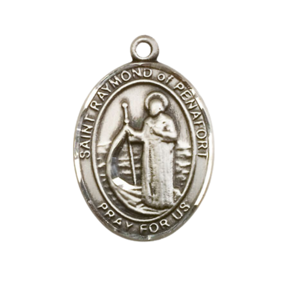 .925 Sterling Silver Saint St. Raymond of Penafort Medal Pendant on 18 Inch Rhodium Plated Lite Curb Brass Chain w/ Lobster Claw Clasp, Catholic Religious Necklace - Made in USA- Deluxe Velvet Gift Box