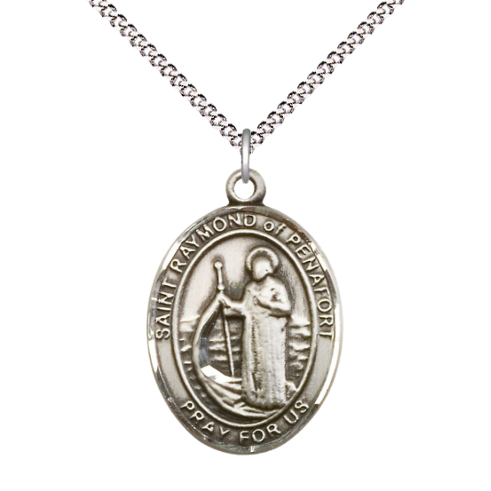 Women's Pewter Saint St. Raymond of Penafort Medal Pendant on 18 Inch Rhodium Plated Lite Curb Brass Chain with Lobster Claw Clasp, Catholic Religious Necklace - Made in USA- Deluxe Velvet Gift Box