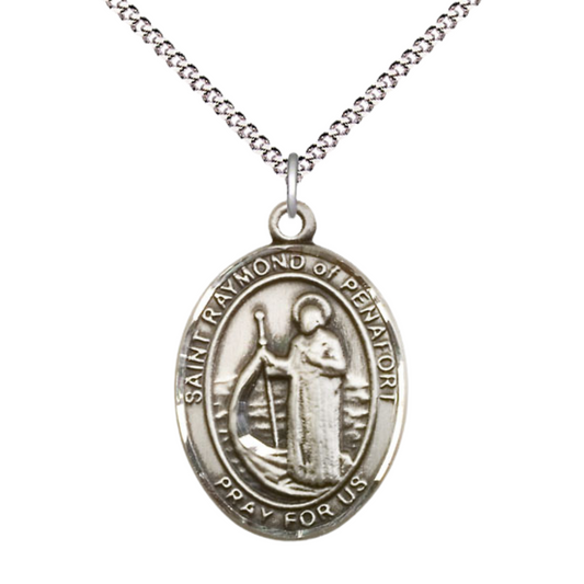 Women's Pewter Saint St. Raymond of Penafort Medal Pendant on 18 Inch Rhodium Plated Lite Curb Brass Chain with Lobster Claw Clasp, Catholic Religious Necklace - Made in USA- Deluxe Velvet Gift Box