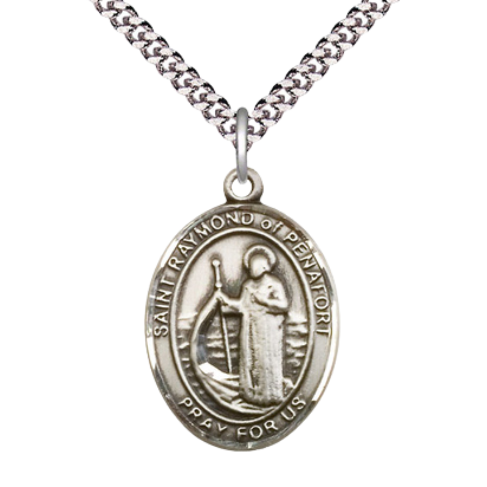 Oval Pewter Saint St. Raymond of Penafort Medal Pendant on 24 inch Rhodium Plated Heavy Curb Brass Chain with Lobster Claw clasp, Catholic Religious Necklace - Made in USA - Deluxe Velvet Gift Box