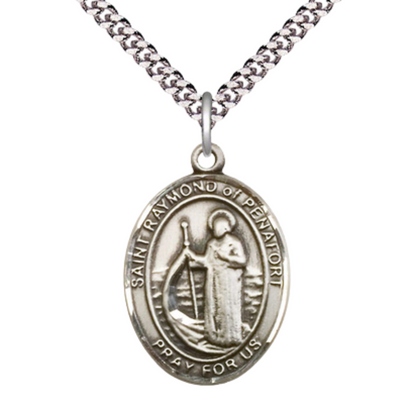 Saint Raymond of Peñafort Medal Necklace– Men's Pewter Pendant with 24 -Inch Light Rhodium Plated Chain – Patron Saint of Barristers & Attorneys – Velvet Gift Box Included
