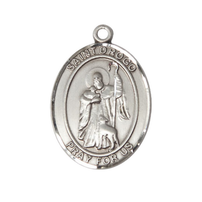 Women's Pewter Saint St. Drogo Medal Pendant on 18 Inch Rhodium Plated Lite Curb Brass Chain with Lobster Claw Clasp, Catholic Religious Necklace - Made in USA- Deluxe Velvet Gift Box
