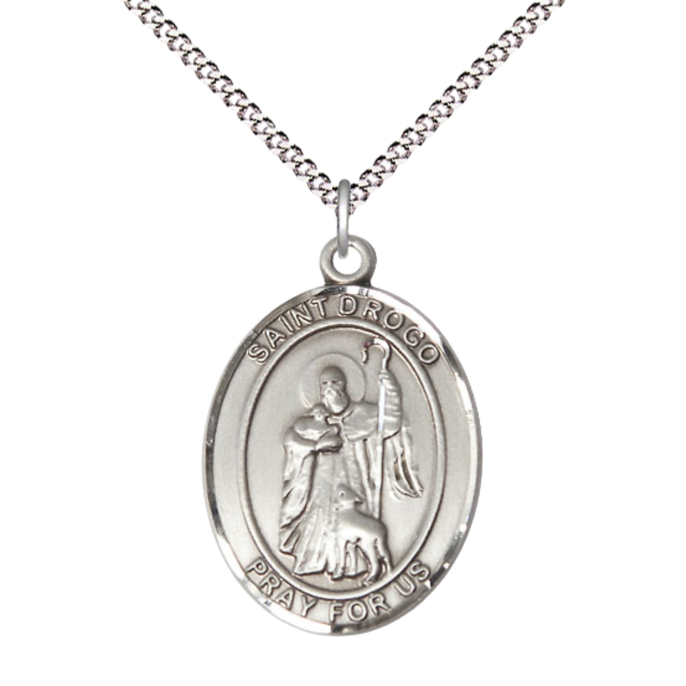Women's Pewter Saint St. Drogo Medal Pendant on 18 Inch Rhodium Plated Lite Curb Brass Chain with Lobster Claw Clasp, Catholic Religious Necklace - Made in USA- Deluxe Velvet Gift Box
