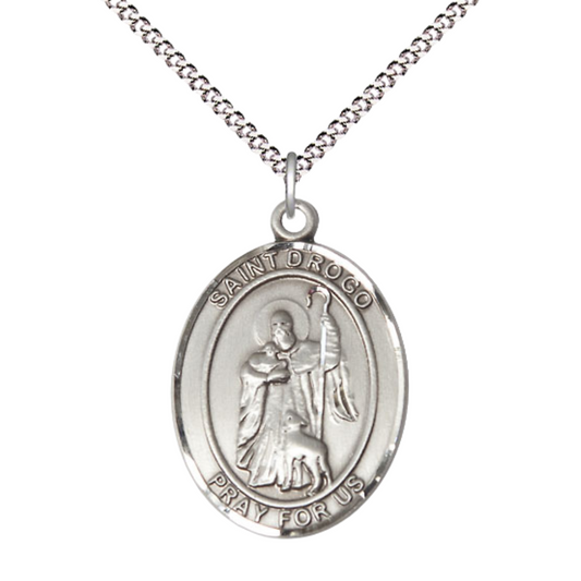 Women's Pewter Saint St. Drogo Medal Pendant on 18 Inch Rhodium Plated Lite Curb Brass Chain with Lobster Claw Clasp, Catholic Religious Necklace - Made in USA- Deluxe Velvet Gift Box