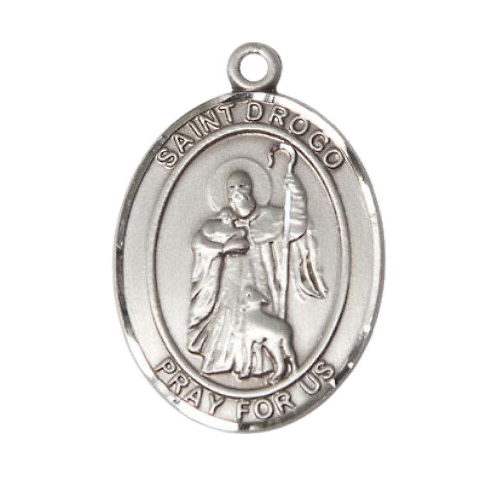 Oval .925 Sterling Silver Saint Drogo Medal Pendant on 24 inch Rhodium Plated Heavy Curb Brass Chain with Lobster Claw clasp, Catholic Religious Necklace -Made in USA- Deluxe Velvet Gift Box