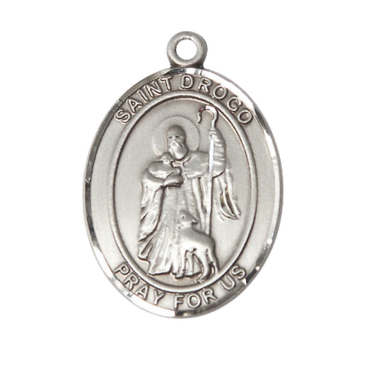 Oval .925 Sterling Silver Saint Drogo Medal Pendant on 24 inch Rhodium Plated Heavy Curb Brass Chain with Lobster Claw clasp, Catholic Religious Necklace -Made in USA- Deluxe Velvet Gift Box