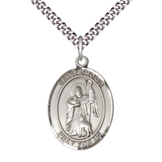 1 x 3/4" Oval Pewter Saint St. Drogo Medal Pendant on 24 inch Rhodium Plated Heavy Curb Brass Chain with Lobster Claw clasp, Catholic Religious Necklace - Made in USA- Deluxe Velvet Gift Box