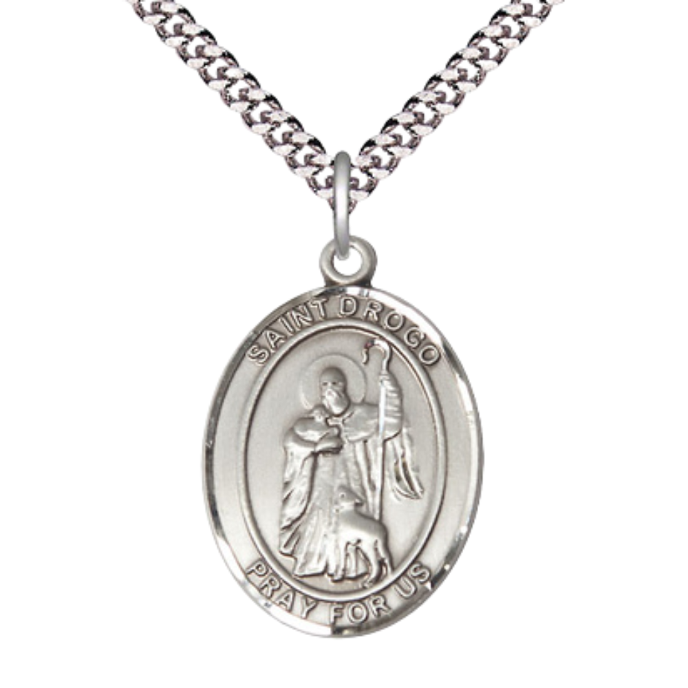 Saint Drogo Medal Necklace– Men's Pewter Pendant with 24-Inch Light Rhodium Plated Chain – Patron Saint of Coffee Houses & Deaf People – Velvet Gift Box Included