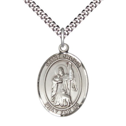 Saint Drogo Medal Necklace– Men's Pewter Pendant with 24-Inch Light Rhodium Plated Chain – Patron Saint of Coffee Houses & Deaf People – Velvet Gift Box Included