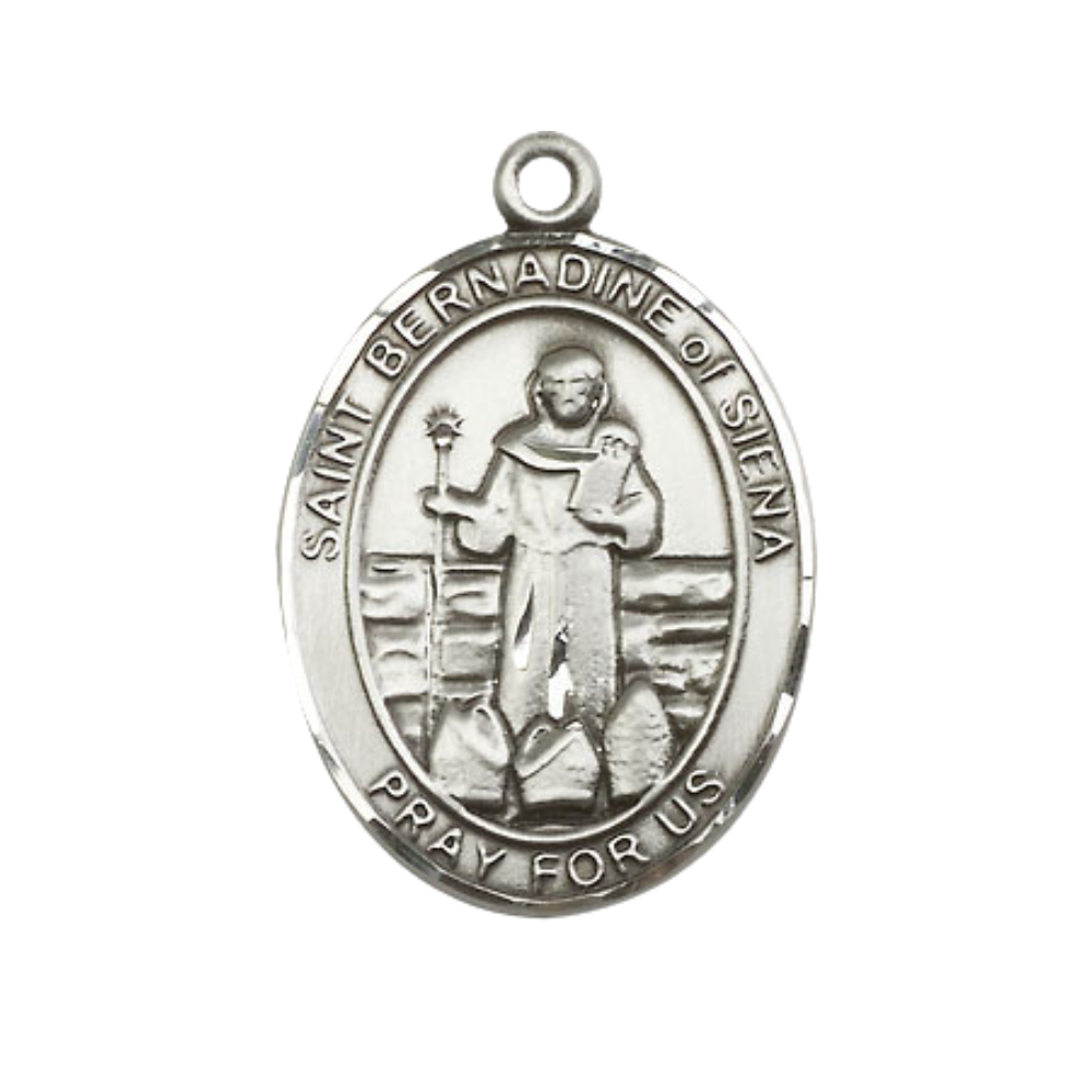 Women's Pewter Saint St. Bernadine of Sienna Medal Pendant on 18 Inch Rhodium Plated Lite Curb Brass Chain with Lobster Claw Clasp, Catholic Religious Necklace - Made in USA- Deluxe Velvet Gift Box