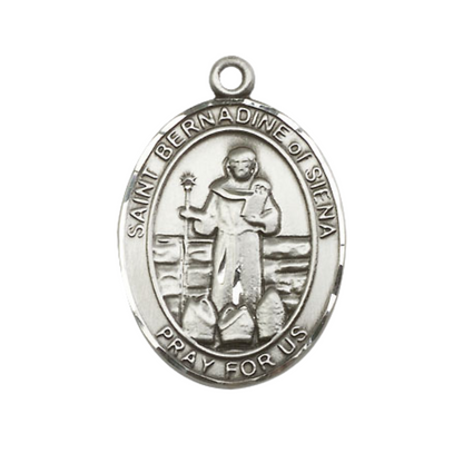 Women's .925 Sterling Silver Saint St. Bernadine of Sienna Medal Pendant on 18 Inch Rhodium Plated Lite Curb Brass Chain w/ Lobster Claw Clasp, Catholic Religious Necklace - Made in USA- Deluxe Velvet Gift Box
