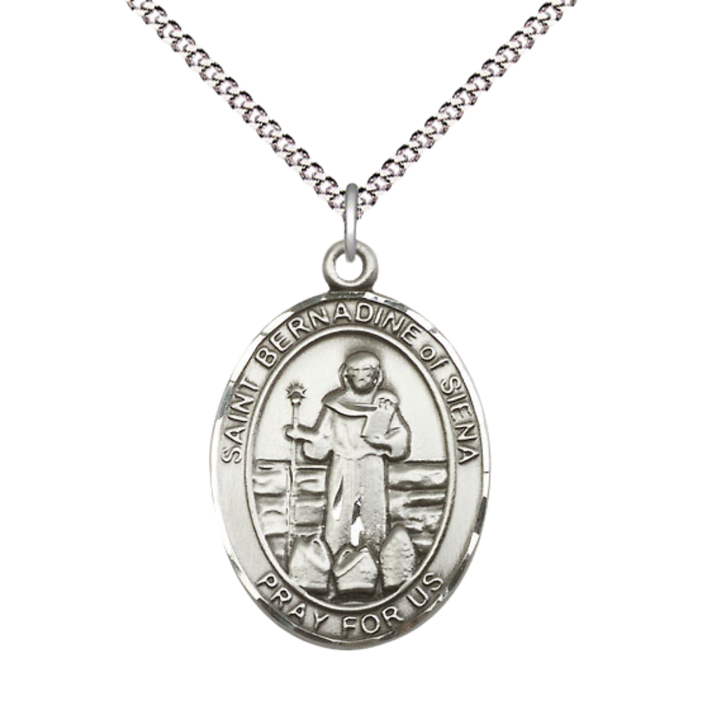 Women's Pewter Saint St. Bernadine of Sienna Medal Pendant on 18 Inch Rhodium Plated Lite Curb Brass Chain with Lobster Claw Clasp, Catholic Religious Necklace - Made in USA- Deluxe Velvet Gift Box