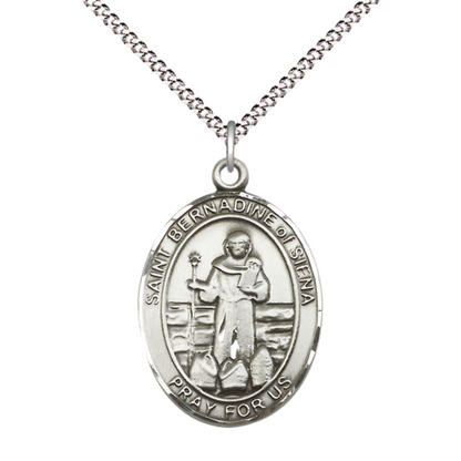 Women's Pewter Saint St. Bernadine of Sienna Medal Pendant on 18 Inch Rhodium Plated Lite Curb Brass Chain with Lobster Claw Clasp, Catholic Religious Necklace - Made in USA- Deluxe Velvet Gift Box