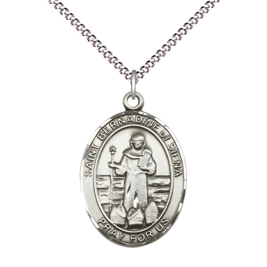 Women's Pewter Saint St. Bernadine of Sienna Medal Pendant on 18 Inch Rhodium Plated Lite Curb Brass Chain with Lobster Claw Clasp, Catholic Religious Necklace - Made in USA- Deluxe Velvet Gift Box