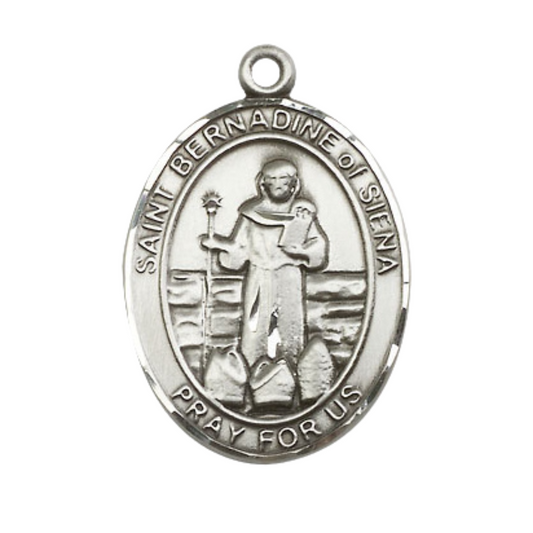 .925 Sterling Silver Saint St. Bernadine of Sienna Medal Pendant on 24 Inch Rhodium Plated Heavy Curb Brass Chain with Lobster Claw clasp, Catholic Religious Necklace - Made in USA- Deluxe Velvet Gift Box