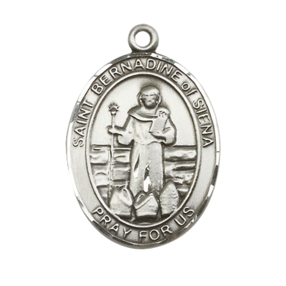 Saint Bernardine of Siena Medal Necklace– Men's Sterling Silver Pendant with 24-Inch Light Rhodium Plated Heavy Curb Chain – Patron Saint of Advertising & Lung Problems – Velvet Gift Box Included