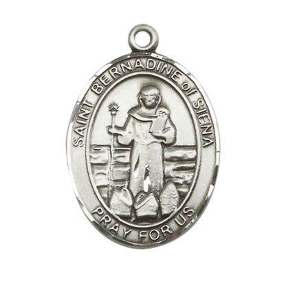 Saint Bernardine of Siena Medal Necklace– Men's Sterling Silver Pendant with 24-Inch Light Rhodium Plated Heavy Curb Chain – Patron Saint of Advertising & Lung Problems – Velvet Gift Box Included