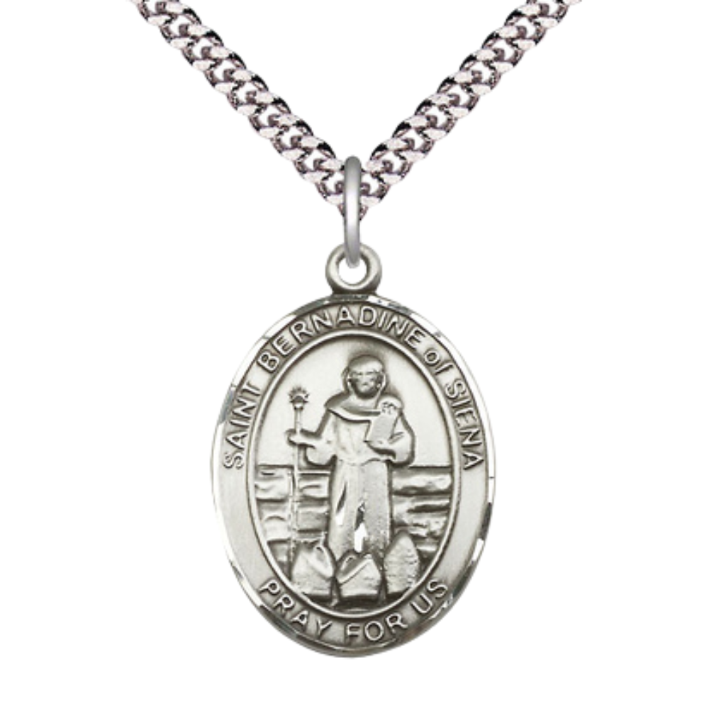 Saint Bernardine of Siena Medal Necklace– Men's Sterling Silver Pendant with 24-Inch Light Rhodium Plated Heavy Curb Chain – Patron Saint of Advertising & Lung Problems – Velvet Gift Box Included