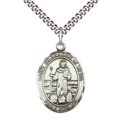Saint Bernardine of Siena Medal Necklace– Men's Sterling Silver Pendant with 24-Inch Light Rhodium Plated Heavy Curb Chain – Patron Saint of Advertising & Lung Problems – Velvet Gift Box Included