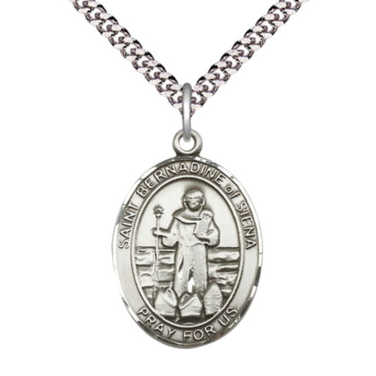Oval Pewter Saint St. Bernadine of Sienna Medal Pendant on 24 inch Rhodium Plated Heavy Curb Brass Chain with Lobster Claw clasp, Catholic Religious Necklace - Made in USA- Deluxe Velvet Gift Box