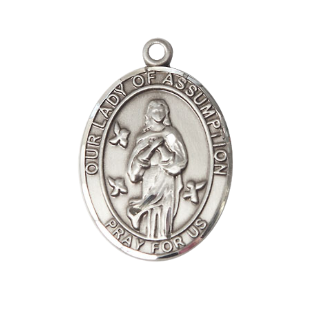 Women's .925 Sterling Silver Our Lady of Assumption Medal Pendant on 18 Inch Rhodium Plated Lite Curb Brass Chain with Lobster Claw Clasp, Catholic Religious Necklace - Made in USA- Deluxe Velvet Gift Box