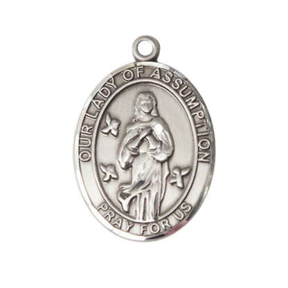 Women's .925 Sterling Silver Our Lady of Assumption Medal Pendant on 18 Inch Rhodium Plated Lite Curb Brass Chain with Lobster Claw Clasp, Catholic Religious Necklace - Made in USA- Deluxe Velvet Gift Box