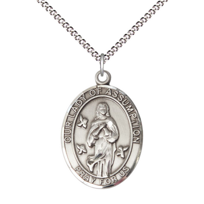 Women's .925 Sterling Silver Our Lady of Assumption Medal Pendant on 18 Inch Rhodium Plated Lite Curb Brass Chain with Lobster Claw Clasp, Catholic Religious Necklace - Made in USA- Deluxe Velvet Gift Box