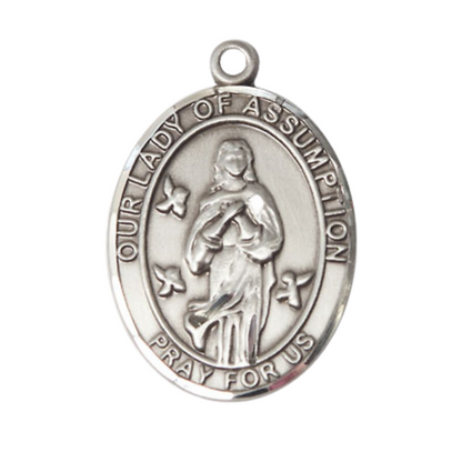 .925 Sterling Silver Our Lady of Assumption Medal Pendant on 24 Inch Rhodium Plated Heavy Curb Brass Chain with Lobster Claw clasp, Catholic Religious Necklace - Made in USA- Deluxe Velvet Gift Box