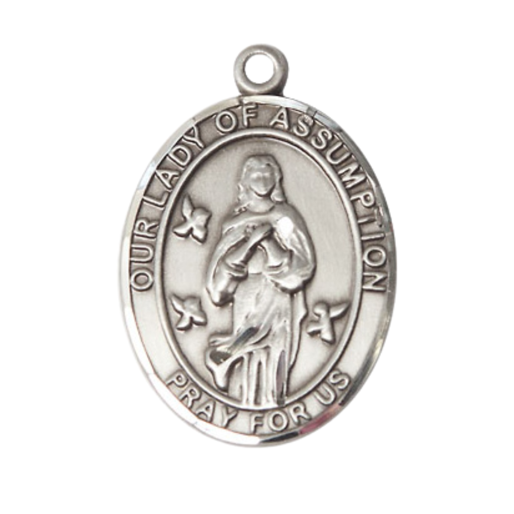 Our Lady of the Assumption Medal Necklace– Men's Sterling Silver Pendant with 24-Inch Light Rhodium Plated Heavy Curb Chain – Velvet Gift Box Included