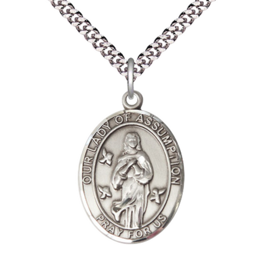 Our Lady of the Assumption Medal Necklace– Men's Pewter Pendant with 24-Inch Light Rhodium Plated Chain – Velvet Gift Box Included