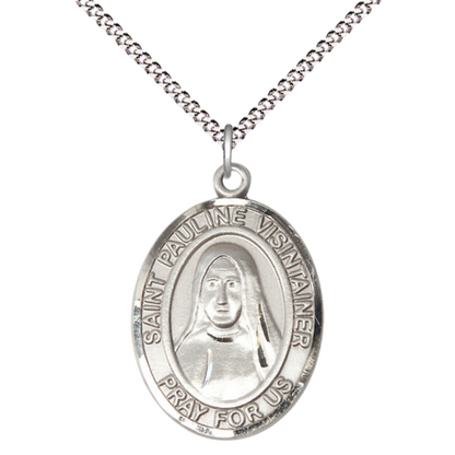 Women's Pewter Patron Saint St. Pauline Visintainer Medal Pendant with 18 Inch Rhodium Plated Lite Curb Brass Chain Catholic Religious Necklace - Made in USA, Deluxe Velvet Gift Box
