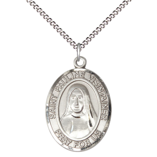 Women's Pewter Patron Saint St. Pauline Visintainer Medal Pendant with 18 Inch Rhodium Plated Lite Curb Brass Chain Catholic Religious Necklace - Made in USA, Deluxe Velvet Gift Box