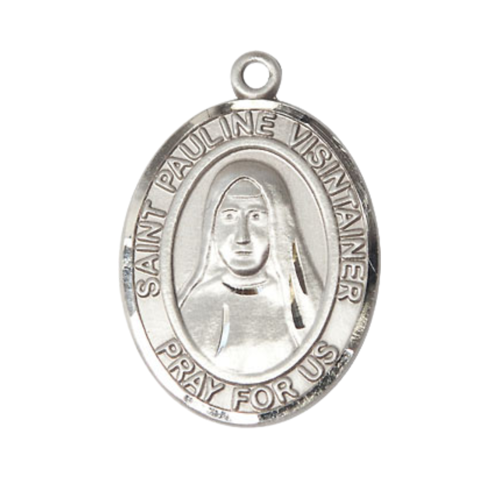Women's Pewter Patron Saint St. Pauline Visintainer Medal Pendant with 18 Inch Rhodium Plated Lite Curb Brass Chain Catholic Religious Necklace - Made in USA, Deluxe Velvet Gift Box