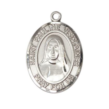Women's Pewter Patron Saint St. Pauline Visintainer Medal Pendant with 18 Inch Rhodium Plated Lite Curb Brass Chain Catholic Religious Necklace - Made in USA, Deluxe Velvet Gift Box