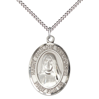 Women's .925 Sterling Silver Patron Saint St. Pauline Visintainer Medal Pendant with 18 Inch Rhodium Plated Lite Curb Brass Chain Catholic Religious Necklace - Made in USA, Deluxe Velvet Gift Box