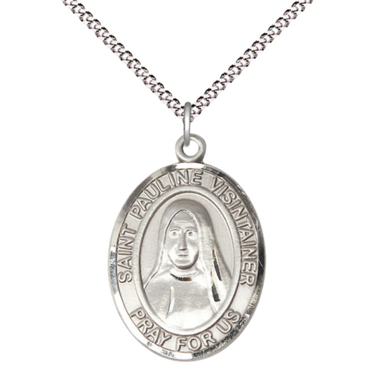 Women's .925 Sterling Silver Patron Saint St. Pauline Visintainer Medal Pendant with 18 Inch Rhodium Plated Lite Curb Brass Chain Catholic Religious Necklace - Made in USA, Deluxe Velvet Gift Box