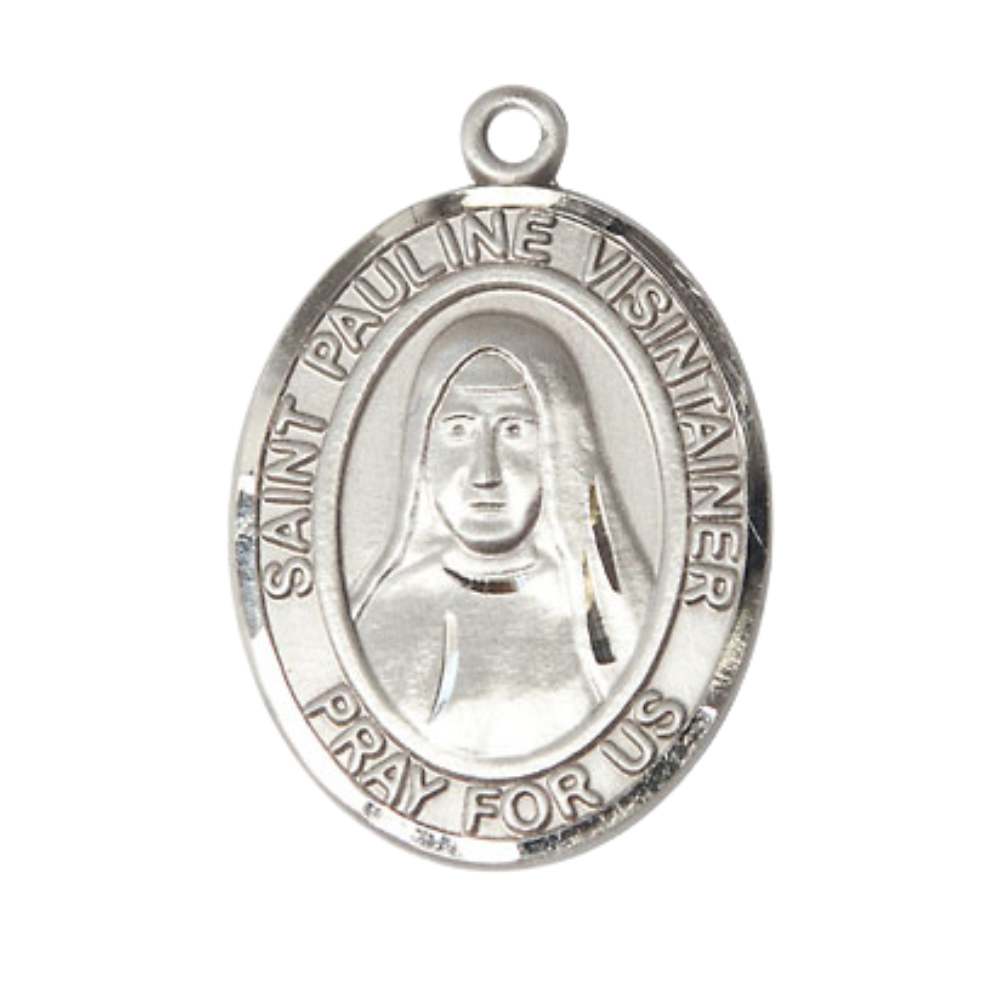 .925 Sterling Silver Saint St. Pauline Visintainer Medal Pendant on 24 Inch Rhodium Plated Heavy Curb Brass Chain with Lobster Claw clasp, Catholic Religious Necklace - Made in USA- Deluxe Velvet Gift Box