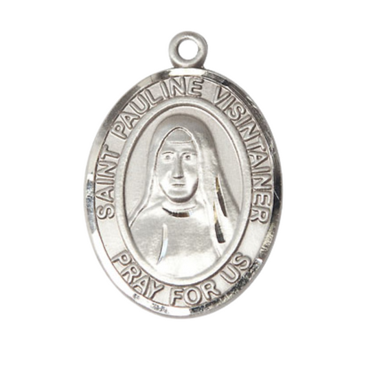 .925 Sterling Silver Saint St. Pauline Visintainer Medal Pendant on 24 Inch Rhodium Plated Heavy Curb Brass Chain with Lobster Claw clasp, Catholic Religious Necklace - Made in USA- Deluxe Velvet Gift Box