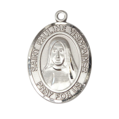 Oval Pewter Saint St. Pauline Visintainer Medal Pendant on 24 inch Rhodium Plated Heavy Curb Brass Chain with Lobster Claw clasp, Catholic Religious Necklace - Made in USA - Deluxe Velvet Gift Box