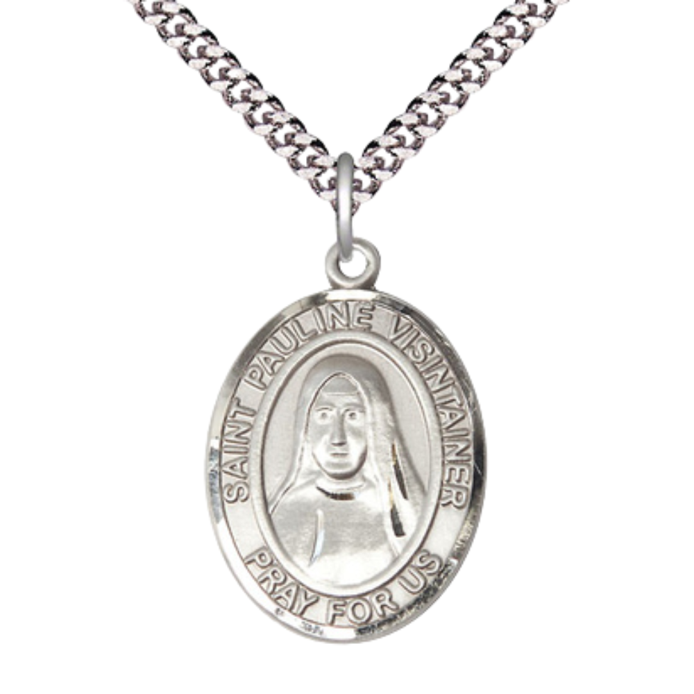 Saint St. Pauline Visintainer Medal Necklace– Men's Pewter Pendant with 24 Inch Light Rhodium Plated Chain, Catholic Medal – Velvet Gift Box Included