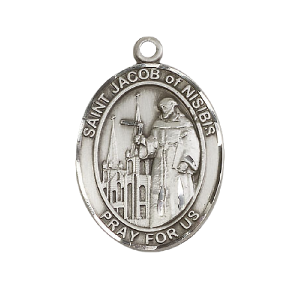 Women's Pewter Saint St. Jacob of Nisibis Medal Pendant on 18 Inch Rhodium Plated Lite Curb Brass Chain with Lobster Claw Clasp, Catholic Religious Necklace - Made in USA- Deluxe Velvet Gift Box