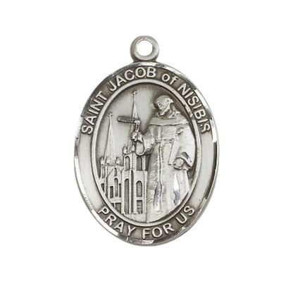 Women's .925 Sterling Silver Saint St. Jacob of Nisibis Medal Pendant on 18 Inch Rhodium Plated Lite Curb Brass Chain with Lobster Claw Clasp, Catholic Religious Necklace - Made in USA- Deluxe Velvet Gift Box