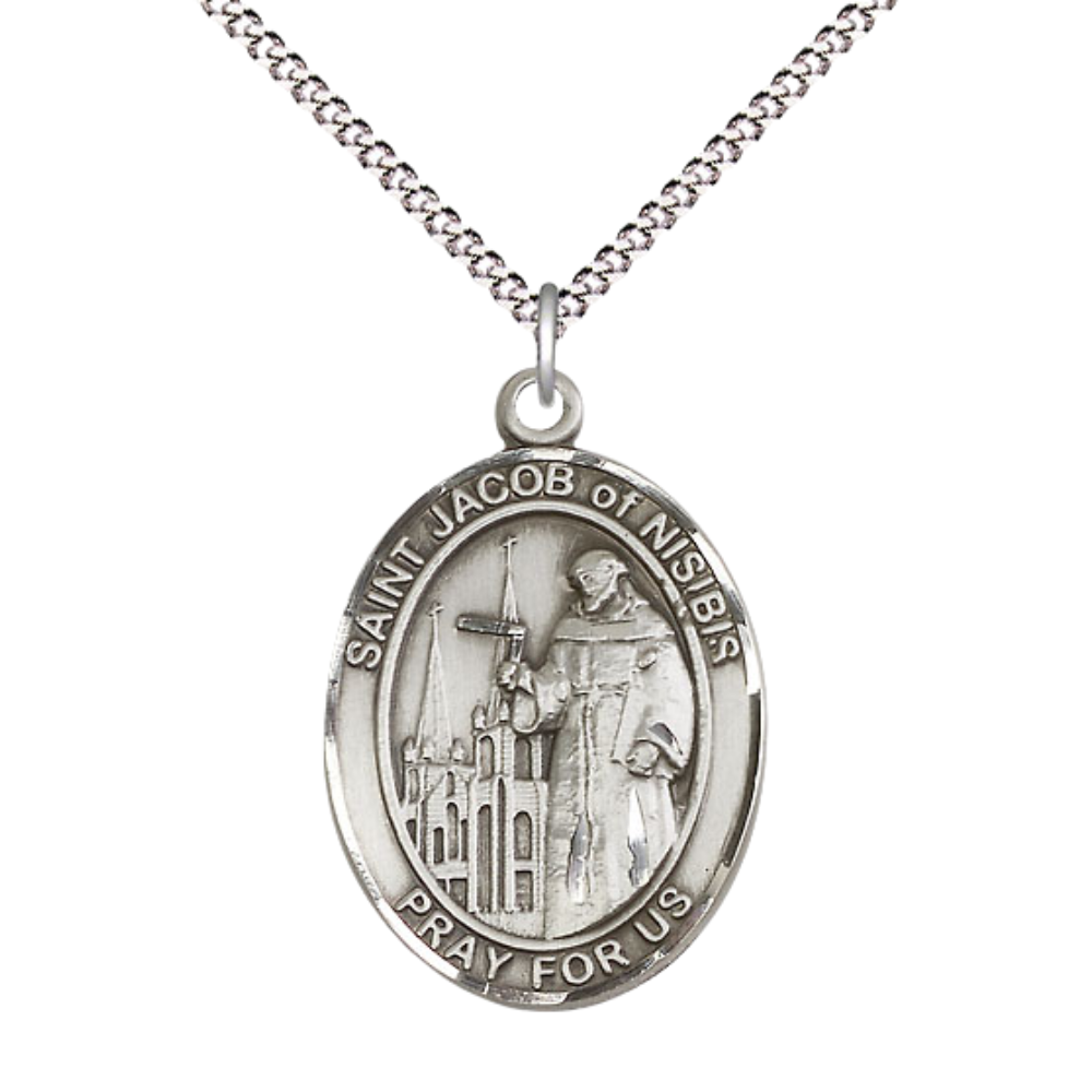 Women's Pewter Saint St. Jacob of Nisibis Medal Pendant on 18 Inch Rhodium Plated Lite Curb Brass Chain with Lobster Claw Clasp, Catholic Religious Necklace - Made in USA- Deluxe Velvet Gift Box