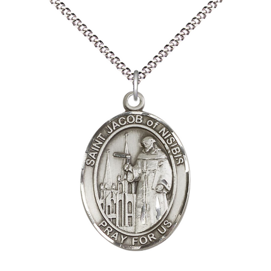 Women's Pewter Saint St. Jacob of Nisibis Medal Pendant on 18 Inch Rhodium Plated Lite Curb Brass Chain with Lobster Claw Clasp, Catholic Religious Necklace - Made in USA- Deluxe Velvet Gift Box