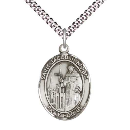 Saint Jacob of Nisibis Medal Necklace– Men's Sterling Silver Pendant with 24-Inch Light Rhodium Plated Heavy Curb Chain – Velvet Gift Box Include