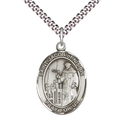 Oval Pewter Saint St. Jacob of Nisibis Medal Pendant on 24 inch Rhodium Plated Heavy Curb Brass Chain with Lobster Claw clasp, Catholic Religious Necklace - Made in USA- Deluxe Velvet Gift Box