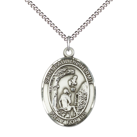 Women's .925 Sterling Silver Paul the Hermit Medal Pendant on 18 Inch Rhodium Plated Lite Curb Brass Chain with Lobster Claw Clasp, Catholic Religious Necklace - Made in USA- Deluxe Velvet Gift Box