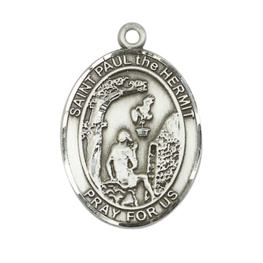 Oval .925 Sterling Silver Paul the Hermit Medal Pendant on 24 Inch Rhodium Plated Heavy Curb Brass Chain with Lobster Claw clasp, Catholic Religious Necklace - Made in USA- Deluxe Velvet Gift Box